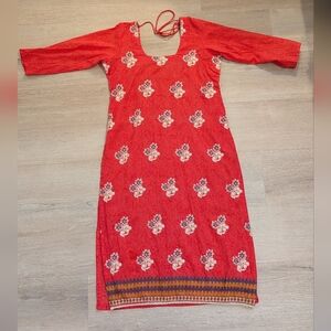 Red Embroidered Cotton Kurta Dress Floral India Midi